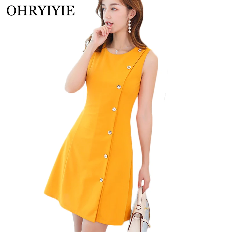 

OHRYIYIE Spring Summer Sleeveless Solid Color Dress Women 2019 Casual Strap Dresses Female Tunic Dresses With Button Robe Femme