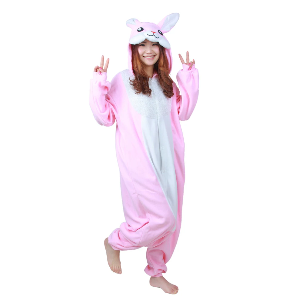 Kigurumi New Winter Adult Cartoon Animal Pink Rabbit Onesie Unisex