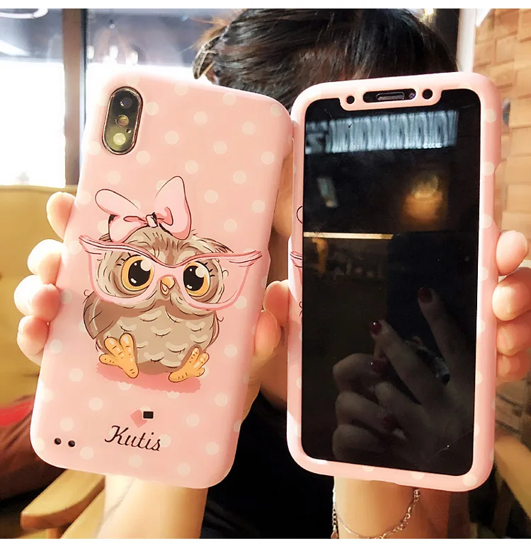 

For iPhone 8 8plus Owl case, 360 protection Front & Back matte cover coque For iphone X 6 6S 6SP 7 7plus Cute Cat unicorn case