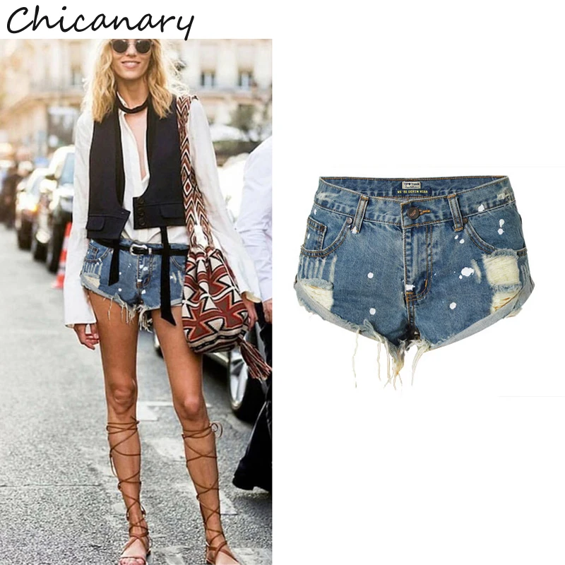 

Chicanary Europe New Ripped Rolled Hem Fringe Denim Jeans Shorts Blue Women Summer Fashion Vintage Hot Pants
