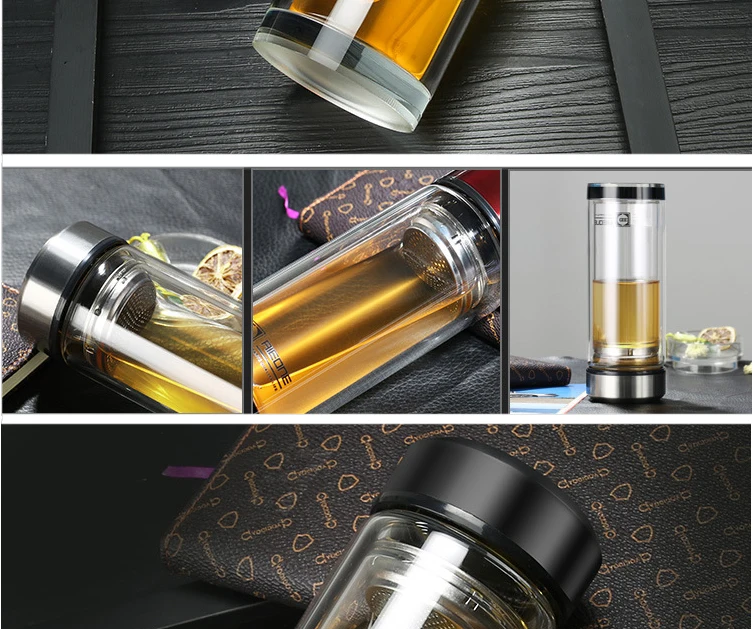 320ml 280ml Business Type Water Bottle Glass Bottle With Stainless Steel Tea Infuser Filter Double Wall Glass Sport Water Tumble