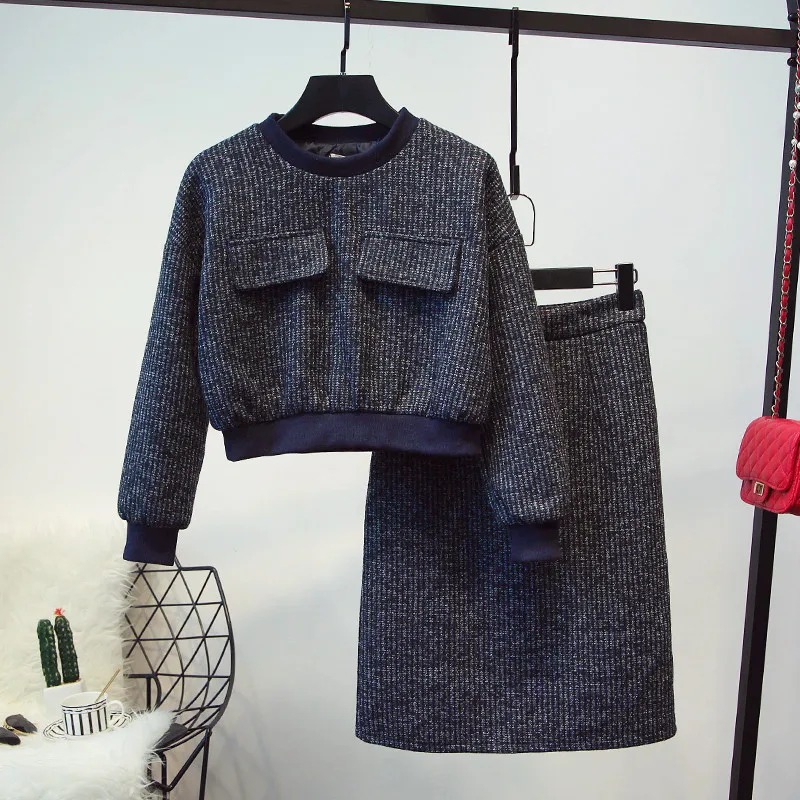 Женский комплект из двух предметов, укороченный топ и юбка, модный полосатый свитер и платье-карандаш, комплекты для женщин, осенне-зимняя одежда, спортивные костюмы