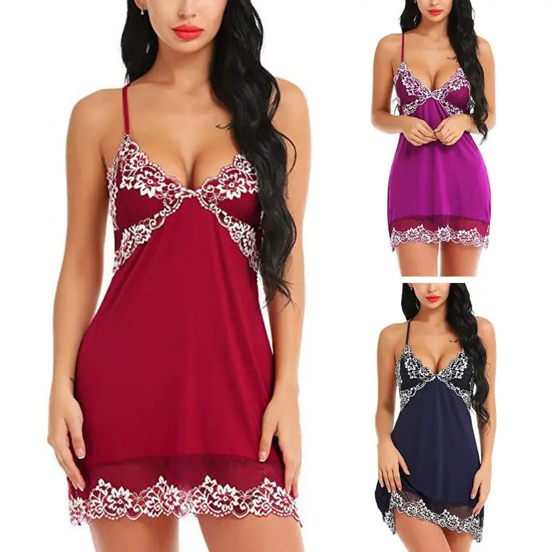 

Womens Plus Size Sleeveless Mini Lingerie Dress Sexy Backless Cross Bandage Nightgown Floral Lace Patchwork Solid Color V-Neck