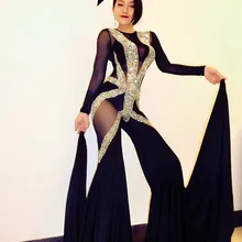 Сексуальный блестящий черный комбинезон, цельные большие леггинсы, костюм для сцены, одежда для ночного клуба, блестящий костюм, Одежда для танцев