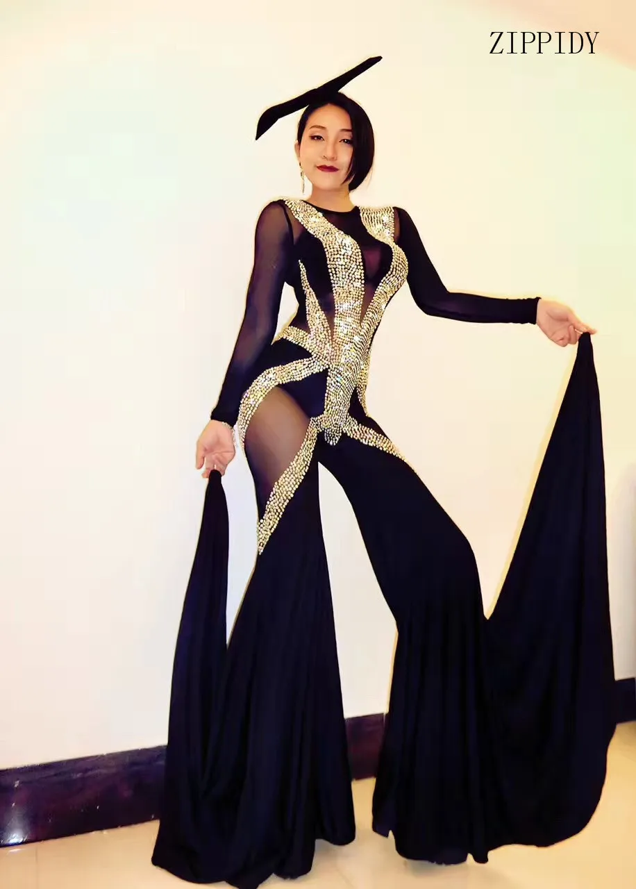 Sexy Sparkly Black Jumpsuit One-piece Big Leggings Performance Bling Bodysuit Stage Wear Nightclub Shining Costume Dance Wear Sexy Sparkly Black Jumpsuit One-piece Big Leggings Performance Bling Bodysuit Stage Wear Nightclub Shining Costume Dance Wear