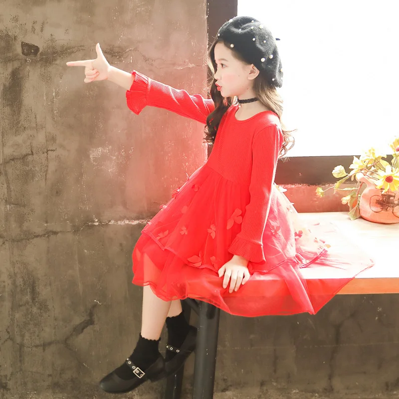 

New Autumn Kid Girls Princess butterfly Dress 3D Knitting Layer Lace Mesh Cute Children Dress Clothes for 4 to 10 Years