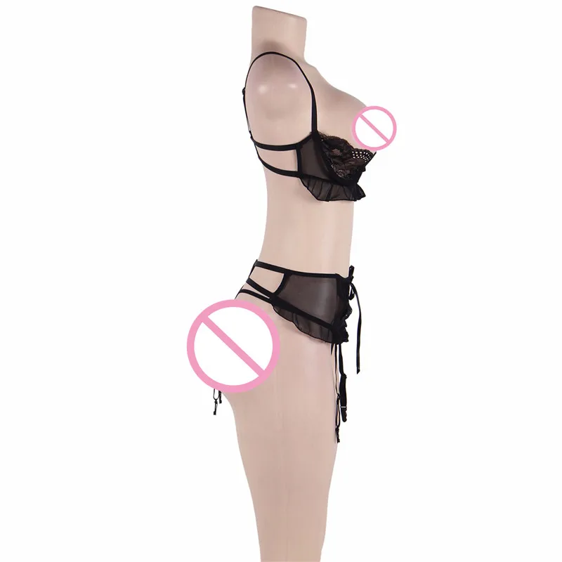 Plus Size Sexy Lingeries Women's Lace Open Cup Shelf Bra + Garter Belt + G-string Porn Sex Underwear Female Sexy Products