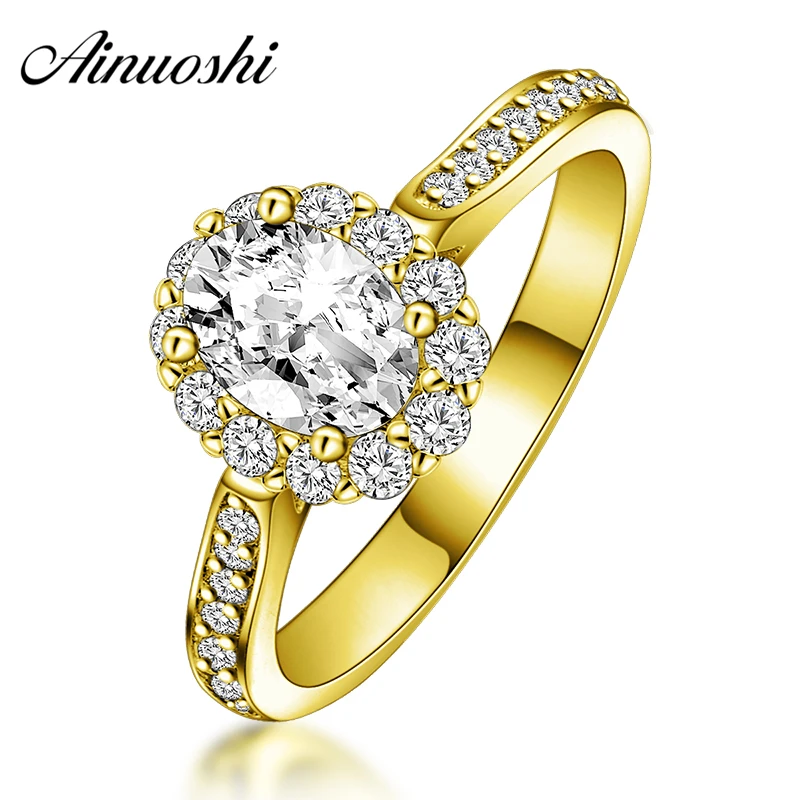 

AINUOSHI 10K Solid Yellow Gold Women Engagement Ring 0.5 Carat Oval Cut Sona Simulated Diamond Halo Bague Bridal Wedding Rings