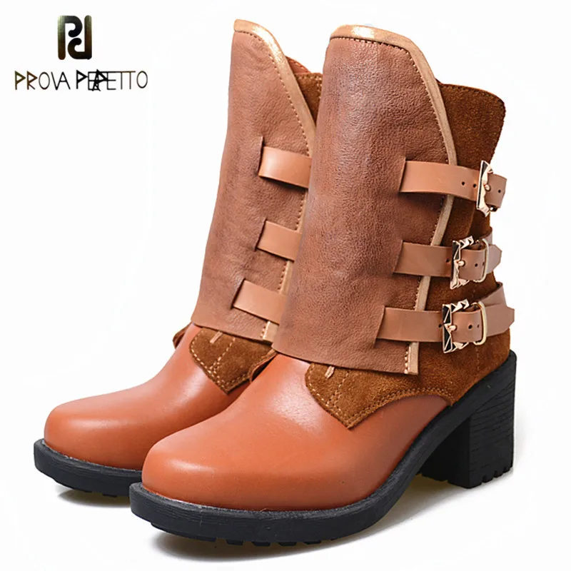 

Prova Perfetto New Women's Cowhide Genuine Leather Short Boots Zapatos Mujer High Heels Woman Boots Punk Motorcycle Martin Boots