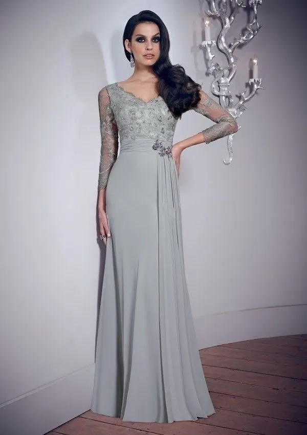 

Charming Bridal Cheap Sheath Capped Three Quarter Lace Applique Crystal Floor Length Chiffon Long Silver Mother Of Bride Dresses