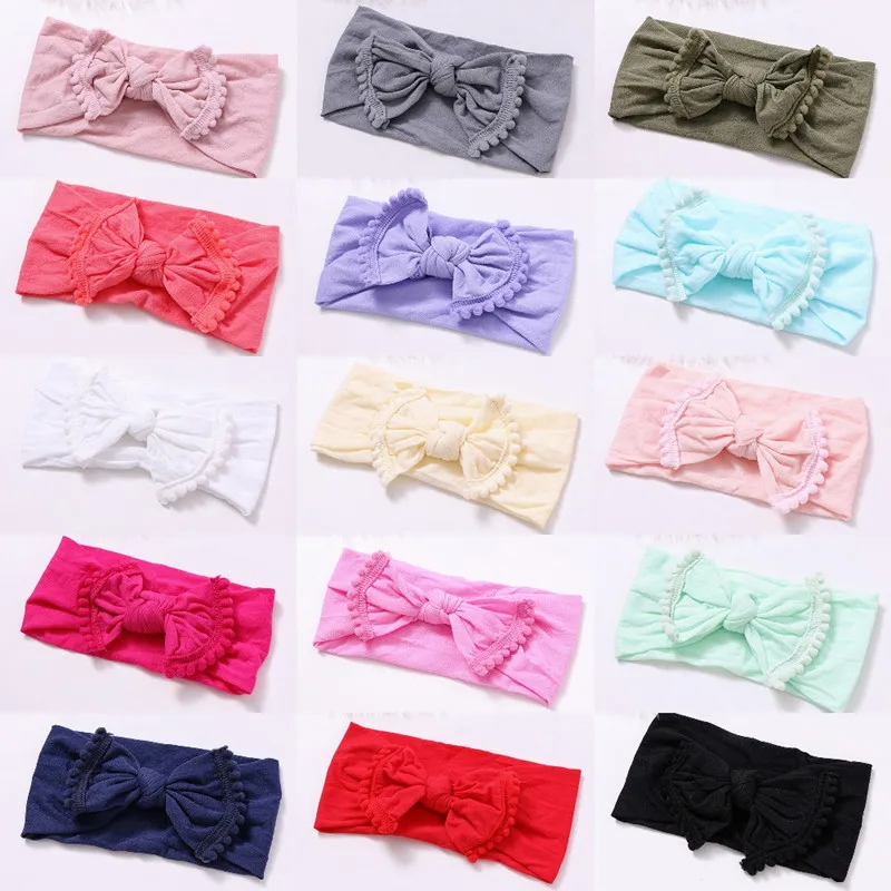 Wide-Nylon-Bow-Headband-with-Pompom-Trim-Round-Knot-Nylon-Head-wraps-Top-Knot-Nylon-Turban