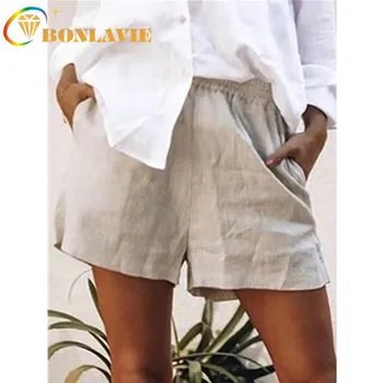 

Women Short Pants Elastic Waist Loose Type Cotton Linen Khaki Green Pink Lake Blue Beige Solid Color Summer Simple Fashion Pants