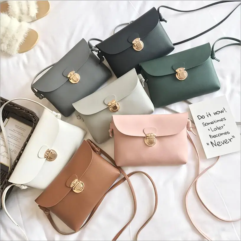  Simple Pure Color Women Mini Lock Flap Messenger Bag PU Leather Girls Casual Shoulder Bags Female S - 32891983519