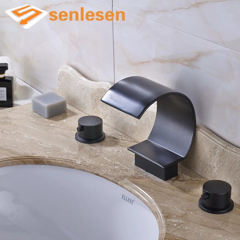 

3 Types Waterfall Spout Basin Faucet Oil Rubbed Bronze Deck Mounted Dual Holders Three Holes