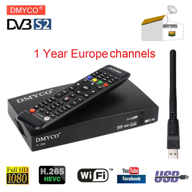 

1 Year Europe 7 chann D4S plus Digital Satellite TV Receiver 1080P DVB-S2 Wifi H.265 LNB port powervu YouTube Bisskey Decoder