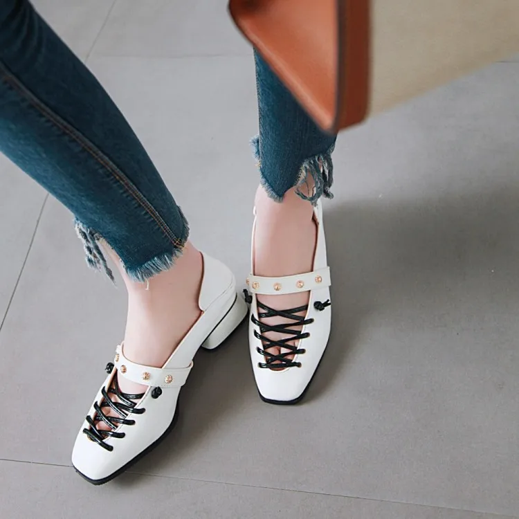 

Big Size 11 12 ladies high heels women shoes woman pumps Hollow-out square-headed Mary Jane shoes