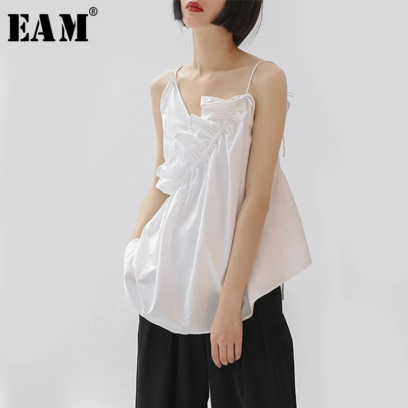 

[EAM] 2019 New Spring Summer V-collar Sleeveless Ruffles Split Joint Temperament Irregular Tank Tops Women Fashion Tide JW472
