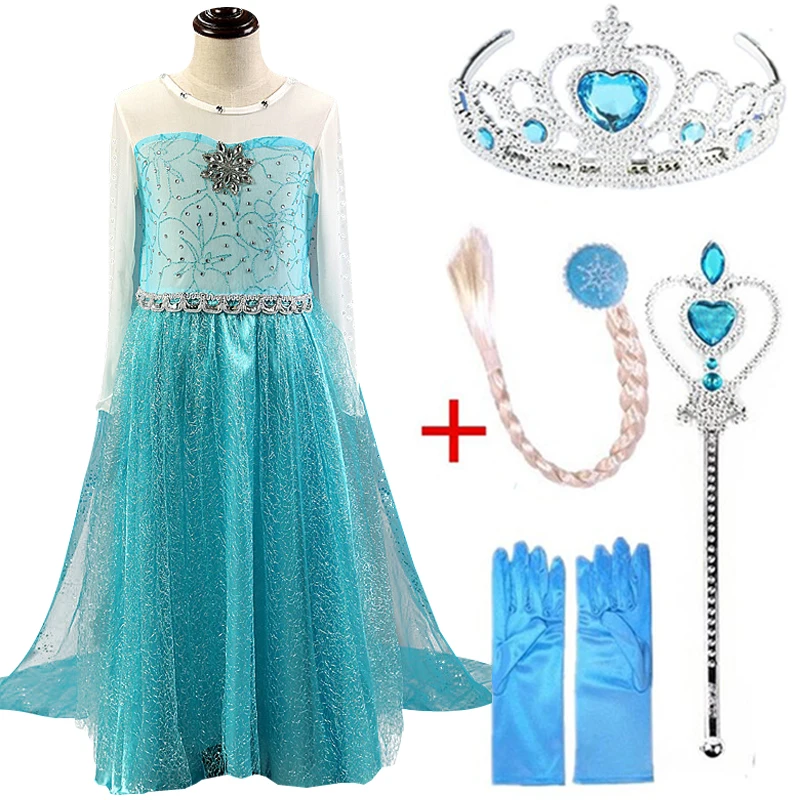 Платья Королевы Эльзы; одежда Эльзы; платье принцессы Анны для девочек; маскарадные костюмы; вечерние платья; детская одежда для девочек; комплект с короной - Цвет: set H