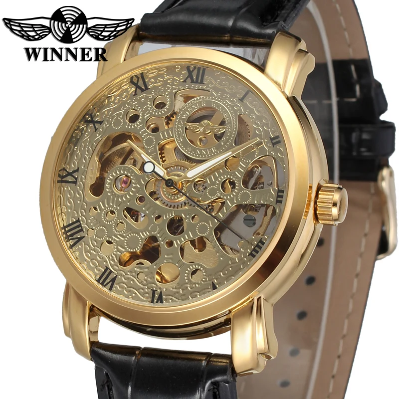 

WRG8078M3G2 winner Automatic gold skeleton watch for men brand new arrival with black leather band wristwatch free shipping