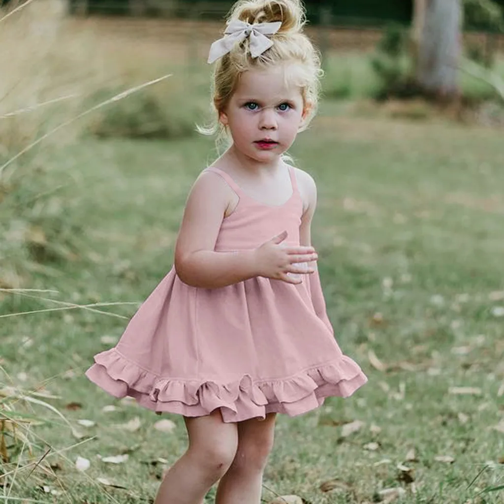 

Toddler girl strap dress summer Children's Sleeveless Solid Color Frill Dress Pink New girl cake dresses Vestido #D1