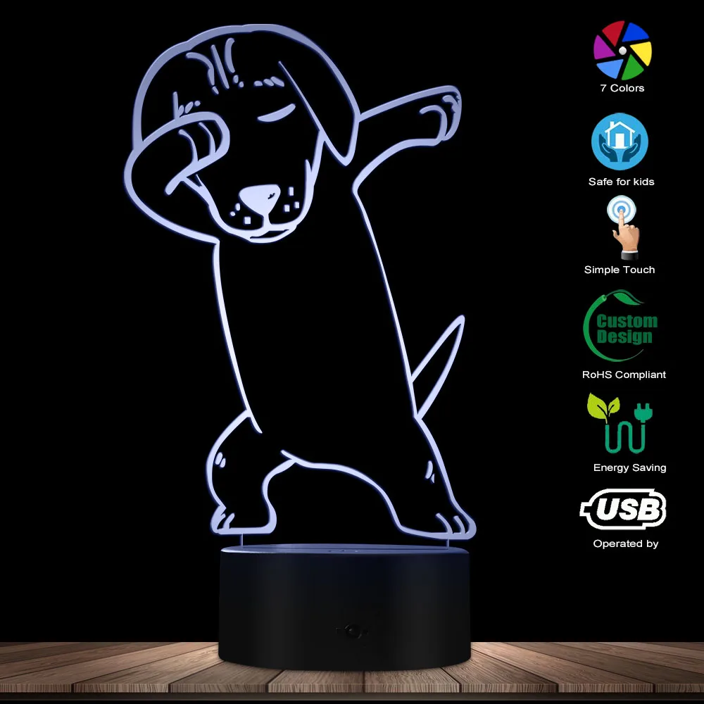 Цельнокроеное платье бультерьер собака 3D Оптические иллюзии Свет Ночной светильник с usb-портом вытирая собака светящийся Танцы Мопс