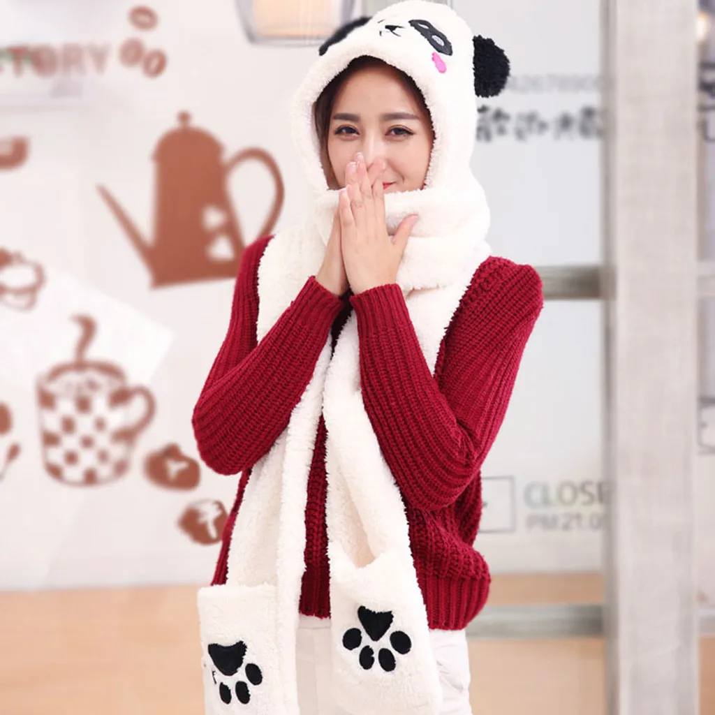 High Quality Ladies Panda Cartoon Warm Fluffy Hood Scarf Hat Snood Pocket Hats Gloves Ears Gloves Women Touch Screen Gift Nove19