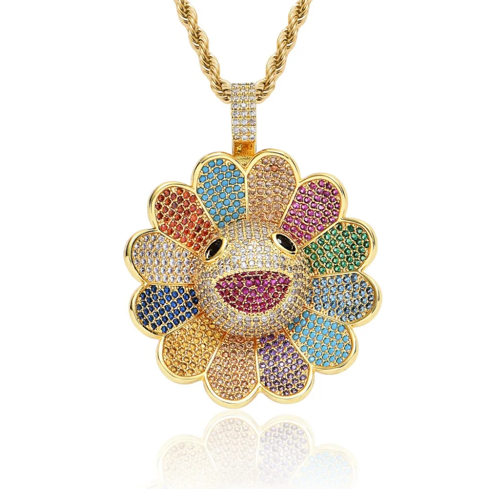 

Ins popular hiphop fashion iced out rotatable Murakami sun flower pendant necklace bling Stainless Steel link jewelry