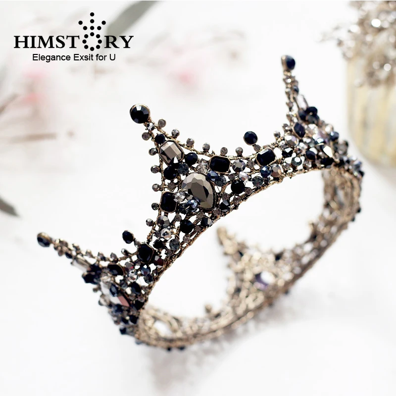 

Himstory European Vintage Black Crown Handmade Rhinestone Round Tiara Bridal Wedding Hair Accessories