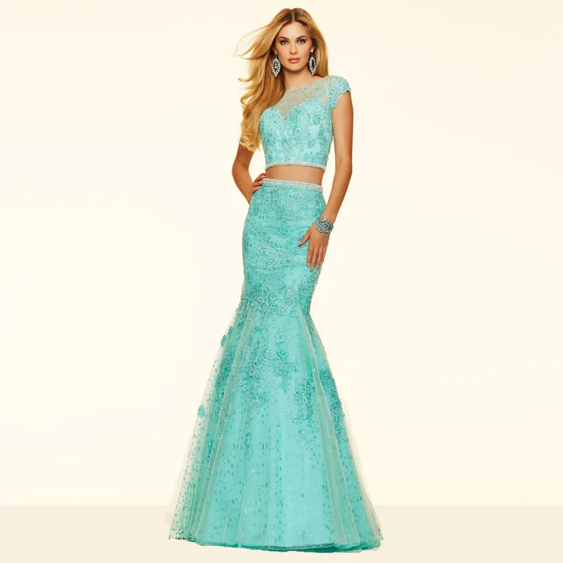 

Two-pieces Mermaid Appliques and Pearls Edge Scooped Short Sleeves Lace Fabric Long Prom Dresses Vestidos De Novia
