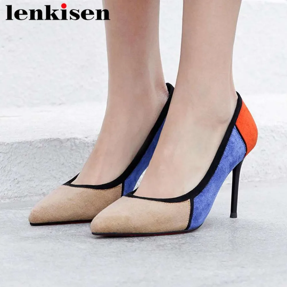 

Hot woman pumps mixed colors kid suede pointed toe oxford slip on bride wedding 9cm stiletto heels nightclub dress shoes L25