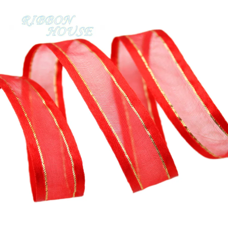 Buy 20mm Red broadside gold edge organza ribbons
