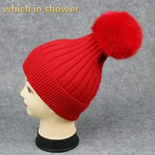 Модный подлинный помпон из лисьего меха, шапка, Толстая теплая уличная Женская шерстяная зимняя шапка, шапка, Вязанная женская шапка с шариками для волос, Шапка-бини