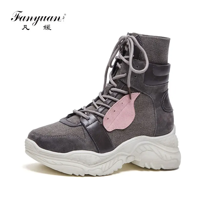 

fanyuan Platform Ankle Boots Woman Cow Suede Equestrian Winter Thick Sole Lace-up Women Shoes Waterproof Martin Motorcycle boots