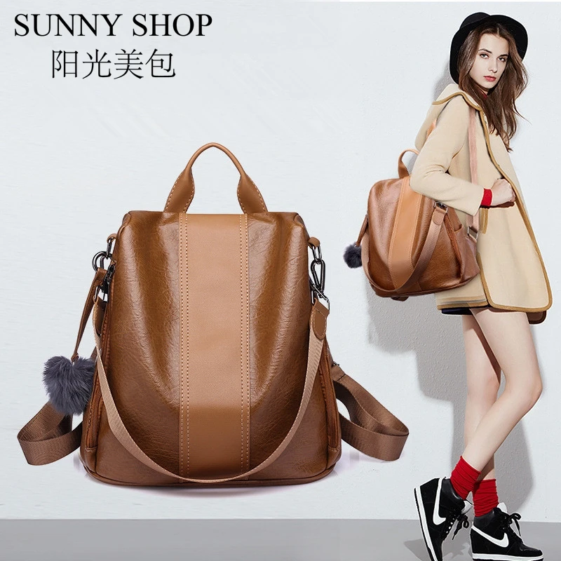 

SUNNY SHOP Ladies Travel School Bag PU Leather Backpack For Women Shoulder Rucksack Casual Bagpack Anti theft Ball