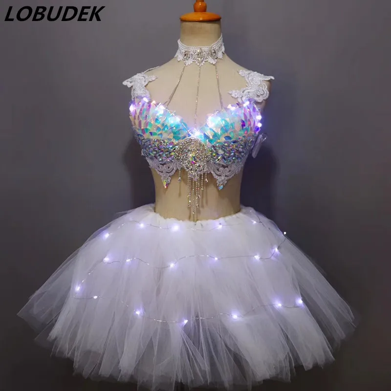 

Female Christmas Rave Party Performance Costume Sparkly Rhinestones Bikini LED Sequins Bra Tutu Skirt DJ Singer Nightclub Outfit