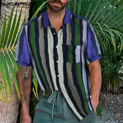 INCERUN с короткими рукавами и лацканами в европейском и американском стиле, мужская летняя Модная рубашка в полоску с карманами, мужская