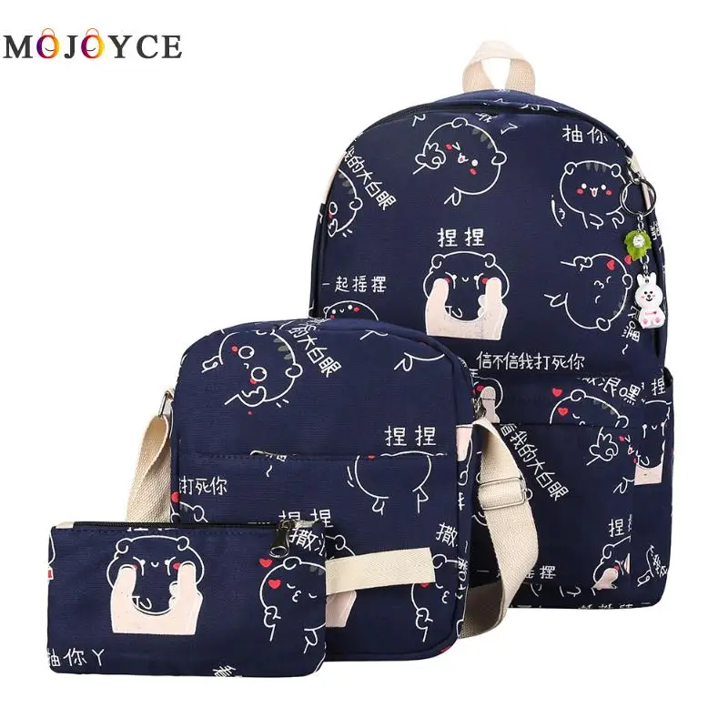 

3Pcs Teenage Girls School Backpacks Set Cut bear Chinese Letters Printing Canvas Women Backpack Mochila Feminina