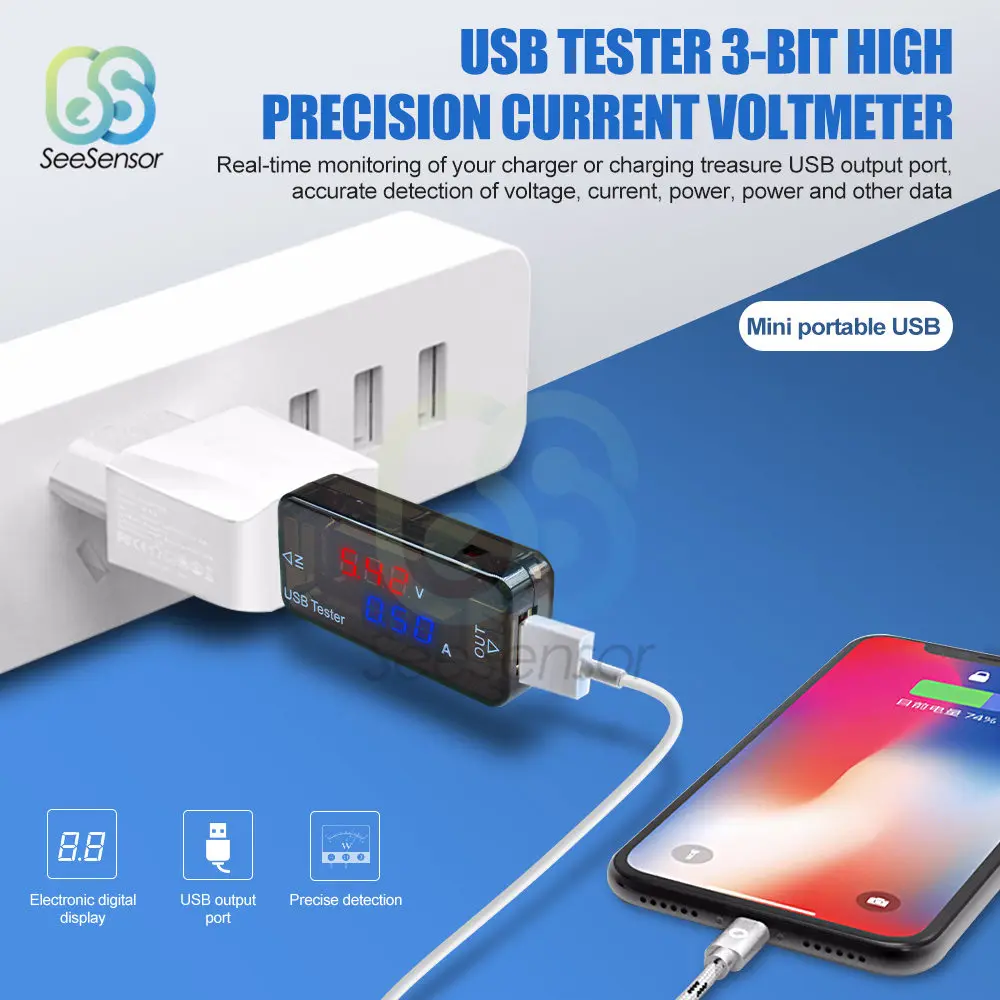 

3 bit 3.3-30V USB Current Voltage Charging Detector Mobile Power Current Voltmeter Ammeter Voltage USB Charger Tester