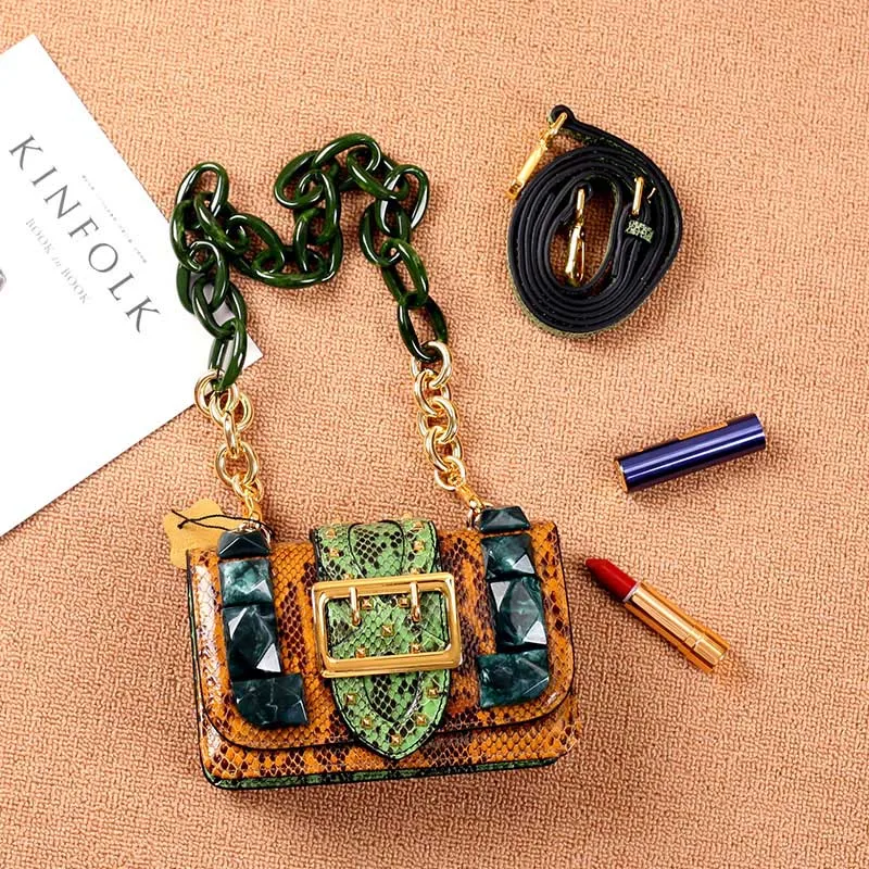 BENVICHED Сумка-Кроссбоди из натуральной кожи винтажная змеиная черепаховая цепь сумка Роскошные сумки женские сумки дизайнерские L044 - Цвет: Зеленый