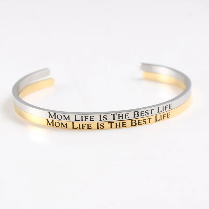 

Mom Life Is The Best Life" Customize Stainless Steel Positive Inspirational Personalized Bracelet Mantra Bangle for Women