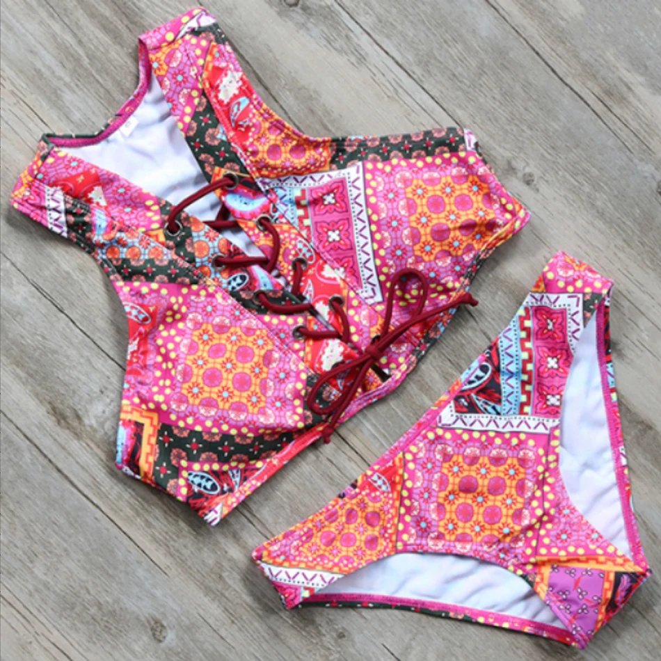 push up bikinis women printed bikini set halter bandage bathing suit
