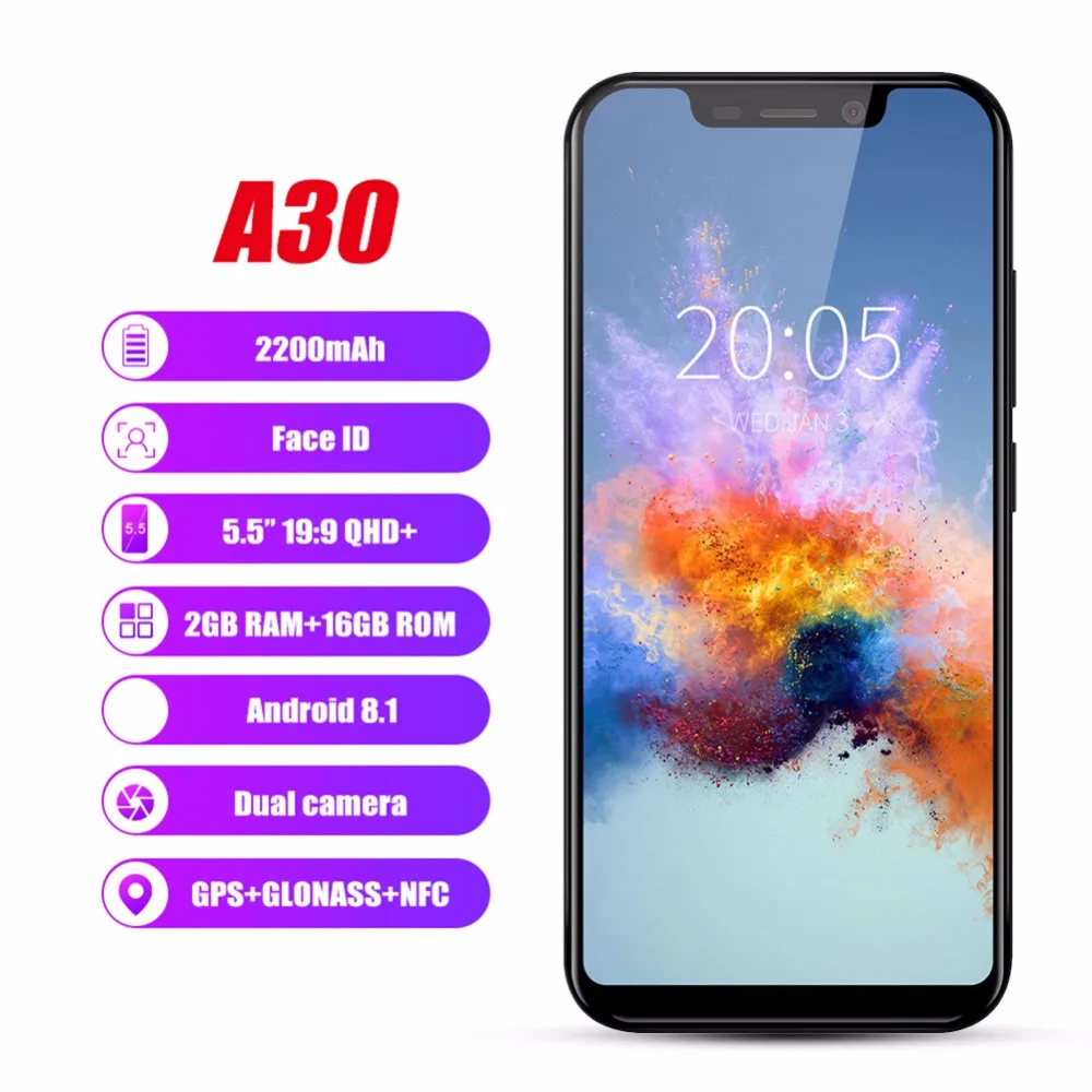 Смартфон Blackview A30 5 "19:9 с функцией распознавания лица Android 8 1 Orea четырехъядерный