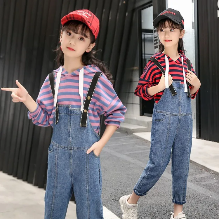 Clothes Set For Girls Teenager 2018 Girl Boutique Outfit Sets Hooded Striped Long Sleeve Sweatshirt + Jeans Overalls 7 8 9 10 12 Clothes Set For Girls Teenager 2018 Girl Boutique Outfit Sets Hooded Striped Long Sleeve Sweatshirt + Jeans Overalls 7 8 9 10 12