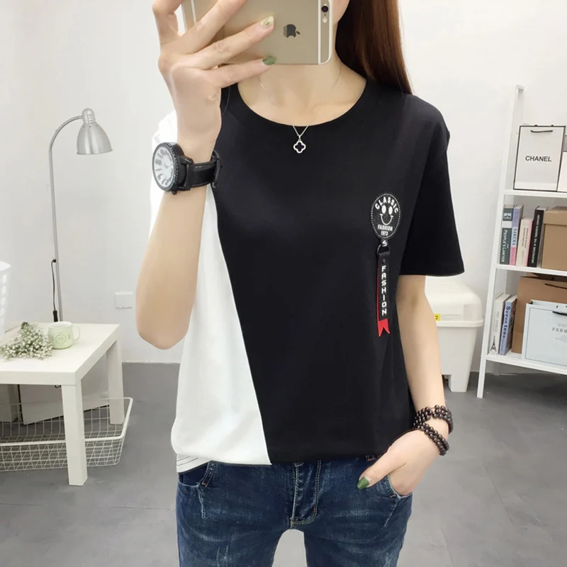

2019 Summer New Women's Short-sleeved T-shirt Trim Body Large Size Splice Thin Shirt