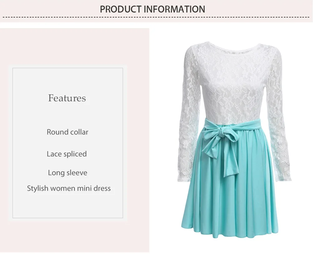 Stylish Round Collar Long Sleeve Lace Spliced Women Dress