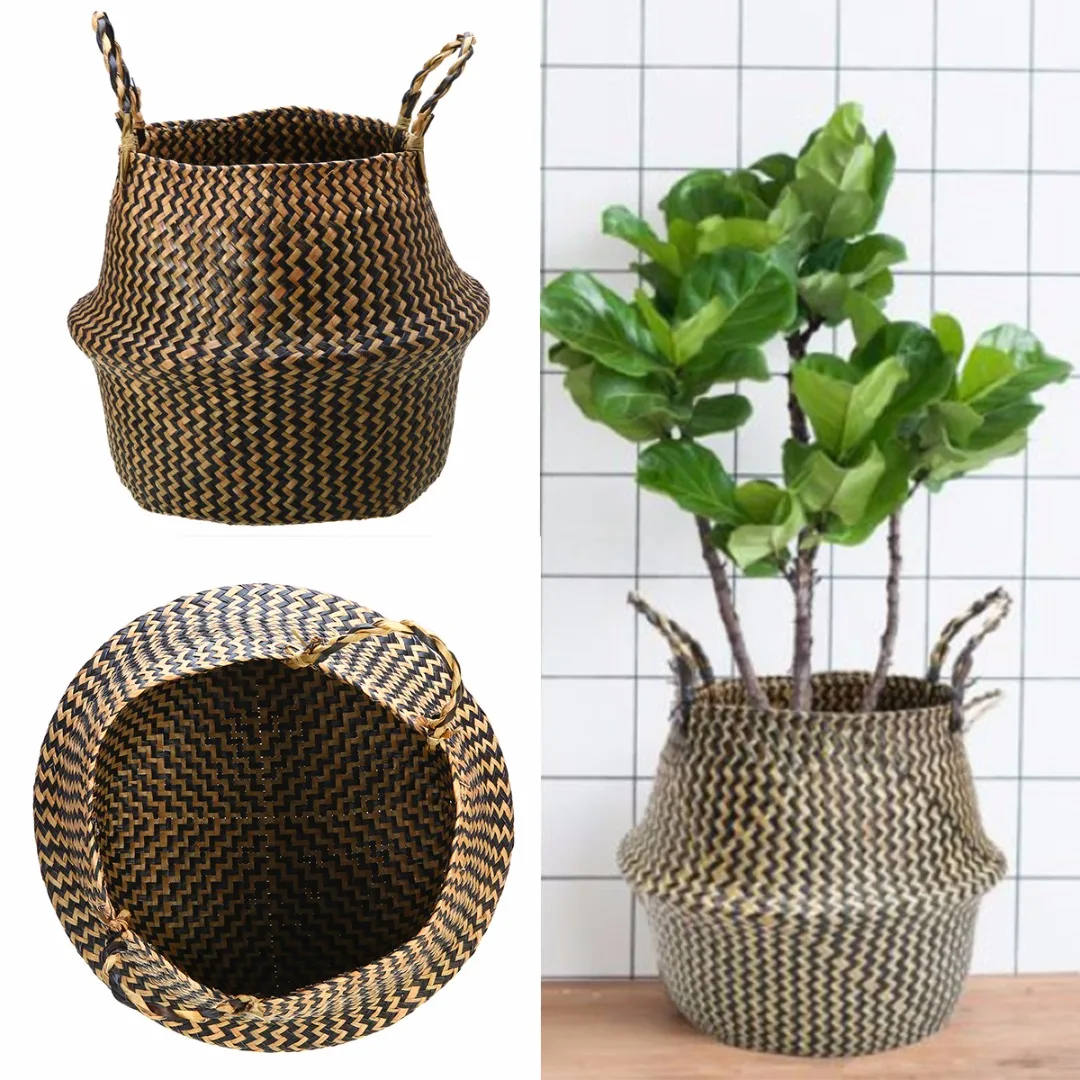 Mayitr Handmade Bamboo Storage Baskets Flower Pot Planter Basket Foldable Laundry Straw Patchwork Wicker Rattan Seagrass Belly
