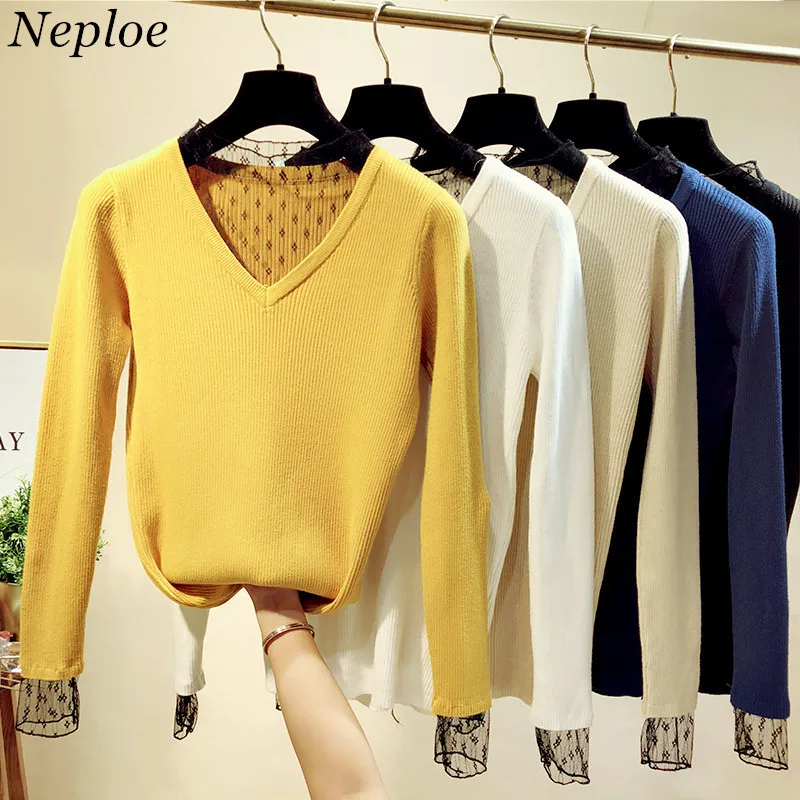

Neploe Lace Patchwork Solid Women Sweater Mesh Perspective Knitted Female Pullover 2019 Autumn Winter Fashion Sueter Mujer 69013