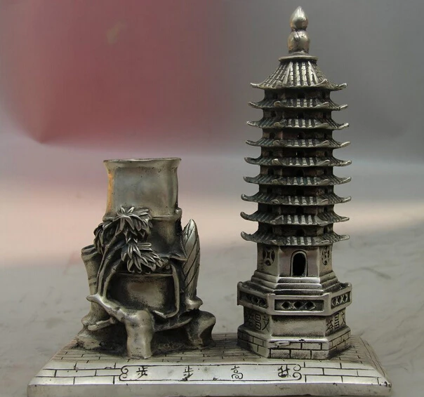 

150401 S1189 China Old White Copper Silver Wenchang Tower Magpie d Plum Pen case Brush Pot