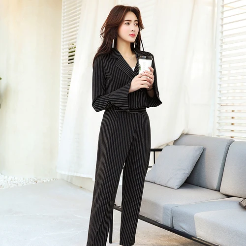 Fashion Two Sets 2018 New Styles Thin Vertical Striped Pants Tide Elegant Office Lady High End Female Suit