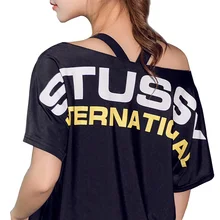 Новинка, футболка для йоги, топы, летние, свободные, с открытыми плечами, с буквенным принтом, для женщин, с коротким рукавом, для занятий спортом, для спортзала, бега, фитнеса, одежда, сухая